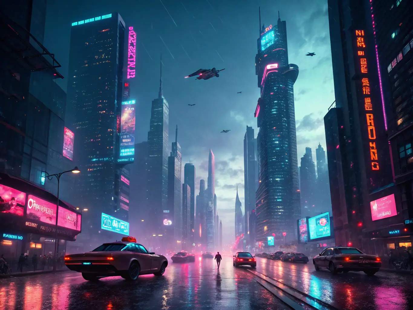 A digital painting of a cityscape at night, with neon lights reflecting on wet streets, showcasing the blend of technology and art that Visionex Arts offers.